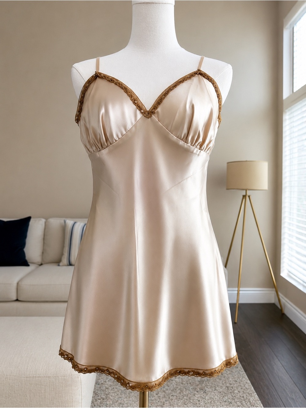 Champagne Satin Longline Cami Lace Sequin Trim Y2K Coquette Lingerie Sleepwear